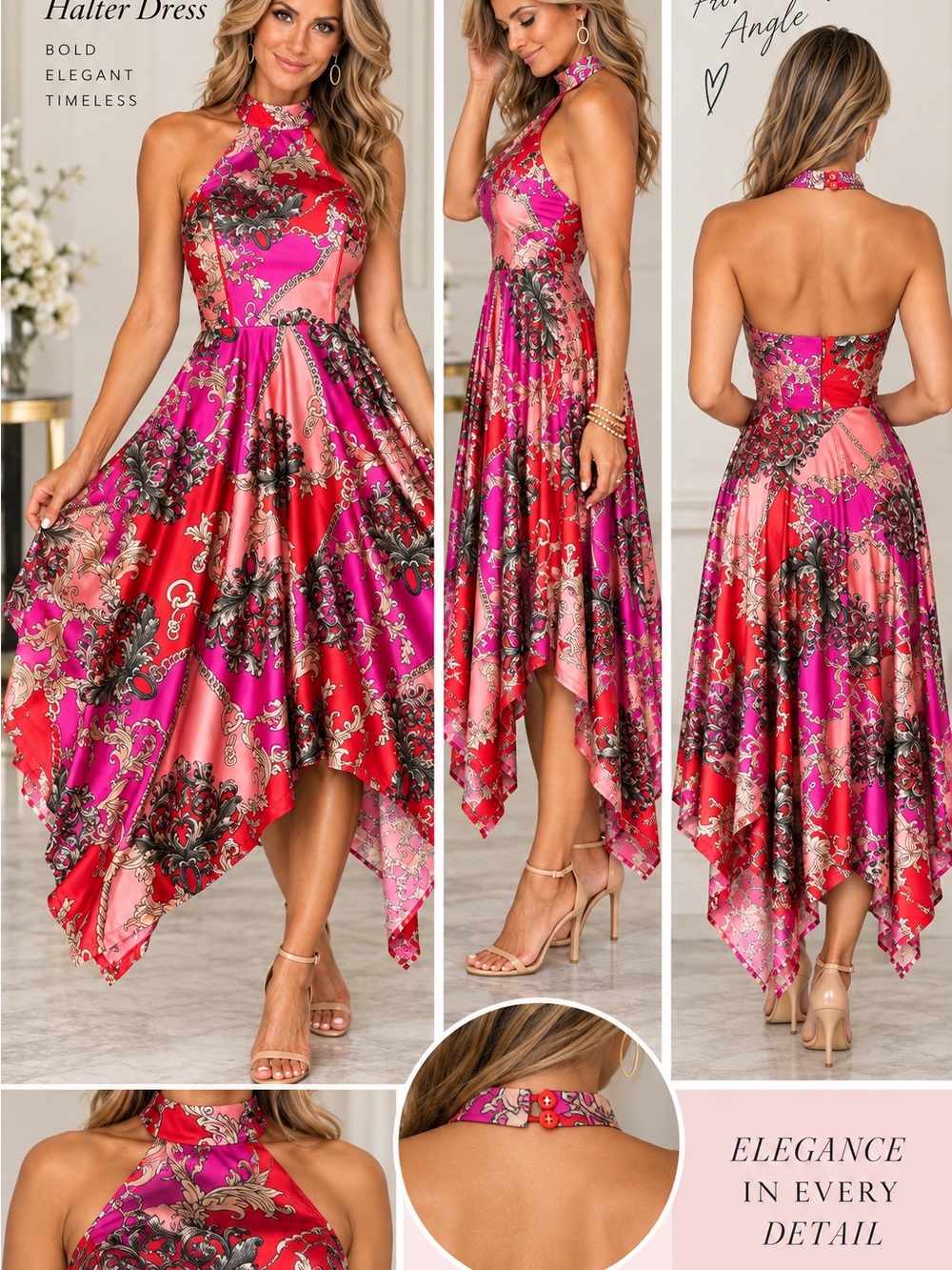 VENUS XS Pink Red Baroque Halter Open Back Handkerchief Dress